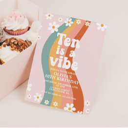 Small Ten Is A Vibe Groovy Daisy Rainbow 10th Birthday Invitation Front View