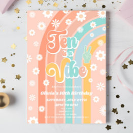 Small Ten Is A Vibe Rainbow Daisy 10th Birthday Party Invitation Front View