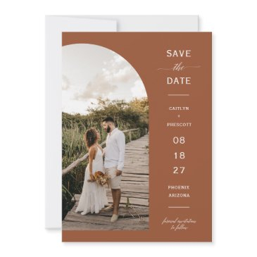 terracotta boho arch photo qr code save the date invitation