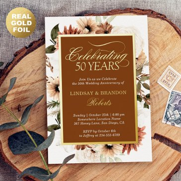 terracotta boho floral wedding anniversary gold foil invitation