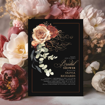 terracotta burnt orange floral black bridal shower invitation