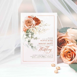 Small Terracotta Burnt Orange Flowers Eucalyptus Wedding Invitation Front View