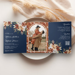 Small Terracotta Floral Wildflower Navy Blue Wedding Tri-fold Invitation Front View