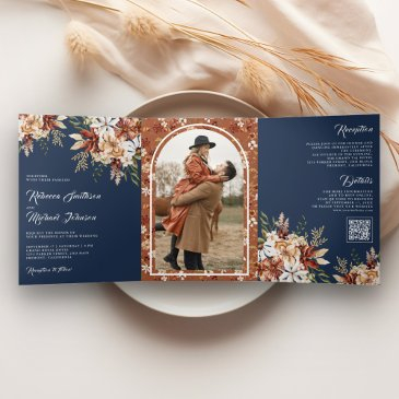 terracotta floral wildflower navy blue wedding tri-fold invitation