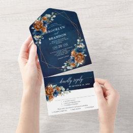 Small Terracotta Navy Blue Greenery Geometric Wedding Al All In One Invitation Front View