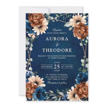 terracotta navy blue greenery geometric wedding in invitation