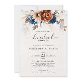 Small Terracotta Navy Blue Pampas Grass Bridal Shower Invitation Front View