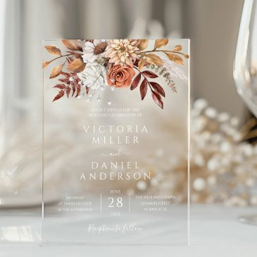 terracotta rust flowers boho fall foliage wedding acrylic invitations