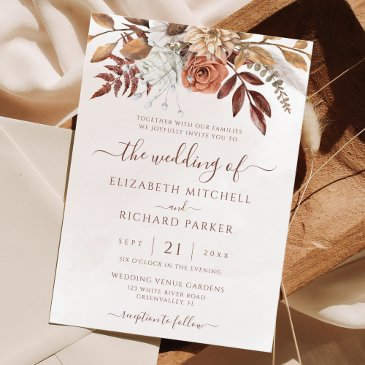 terracotta rust flowers boho fall foliage wedding invitation