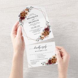 Small Terracotta Sage Burgundy Floral Geometric Wedding All In One Invitation Front View