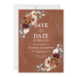 Small Terracotta Sage Burgundy Floral Geometric Wedding Save The Date Front View