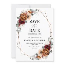 Small Terracotta Sage Burgundy Floral Geometric Wedding Save The Date Front View