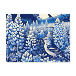Small Texas Bluebonnets And Northern Mockingbird Texan  Postinvitations Front View