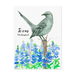 Small Texas Mockingbird Bluebonnet Watercolor Postinvitations Front View