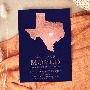 texas state map navy blue rose gold home moving announcement postinvitations