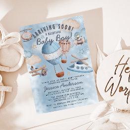 Small The Arrival Of A New Aviator: Boy Baby Shower Invitation Front View