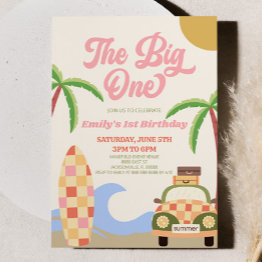 Small The Big One Beach Surf Pink 1st Birthday Party Invitation Front View