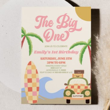 the big one beach surf pink 1st birthday party invitation