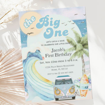 the big one blue retro surfing first birthday invitation