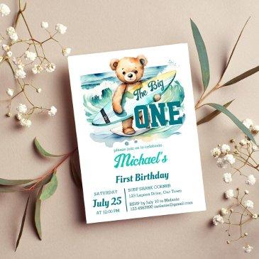 the big one surfing birthday party teddy surfboard invitation