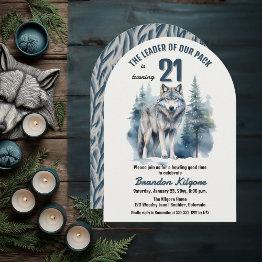 Small The Leader Of Our Pack Wolf 21st Birthday Party Invitation Front View