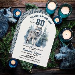 Small The Leader Of Our Pack Wolf 80th Birthday Party Invitation Front View