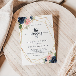 Small The Navy Blush Floral Gold Geometric Wedding Invitation Front View
