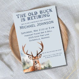 Small The Old Buck Is Retiring Rustic Hunting Retirement Invitation Front View