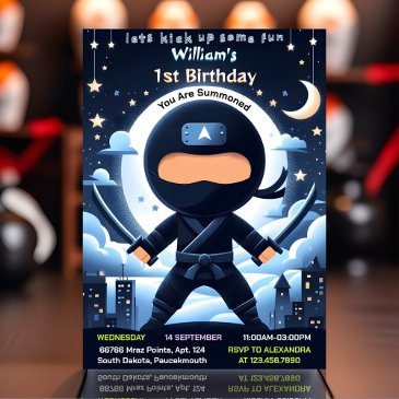 the war fight boy moon ninja warrior 1st birthday invitation