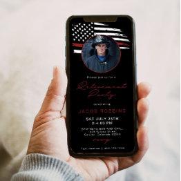Small Thin Red Line Flag Fireman Retirement Party Text Invitation Front View