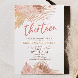 Small Thirteen Boho Pink Floral 13th Birthday Party Invitation Front View