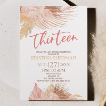 thirteen boho pink floral 13th birthday party invitation