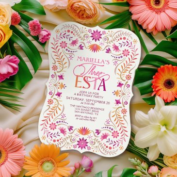 three-esta fiesta 3rd birthday girls invitation
