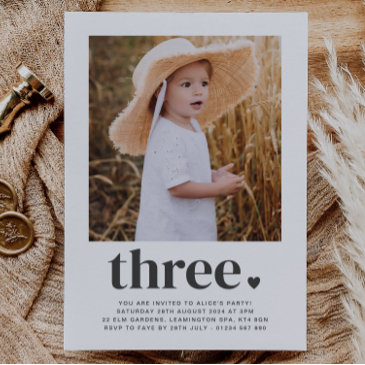 three heart - square photo 1st birthday invitation