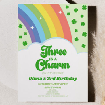 three is a charm rainbow 3rd birthday party invitation