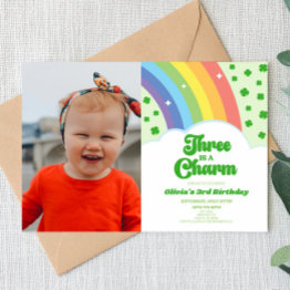 Small Three Is A Charm Rainbow Clover 3rd Birthday Party Invitation Front View