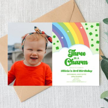 three is a charm rainbow clover 3rd birthday party invitation