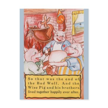 three little pigs cooking wolf, vintage fairy tale postinvitations