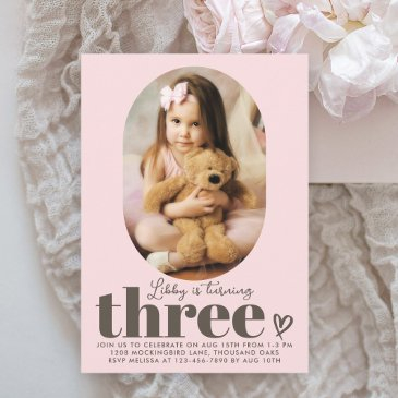 three modern minimal photo 3rd birthday pink invitation