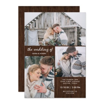 three photos on rustic wood look | wedding invitation