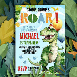 Small Three-rex Dinosaur Birthday Party Invitation Front View