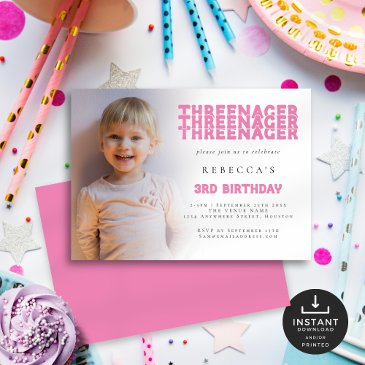 threenager photo overlay 3rd birthday party pink invitation