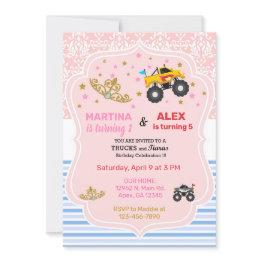 Small Tiaras And Monster Truck Siblings Birthday Invite. Invitation Front View