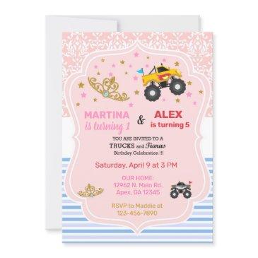tiaras and monster truck siblings birthday invite. invitation