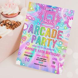 Small Tie Dye Neon Retro Arcade Gaming Birthday Party Invitation Front View