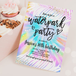 Small Tie Dye Water Park Pool Party Birthday Invitation Front View