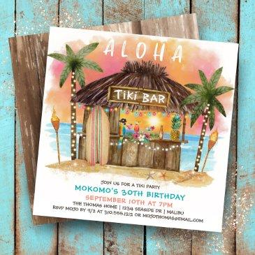 tiki beach bar | tropical sea sunset birthday invitation
