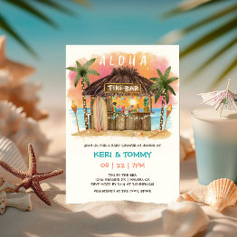 Small Tiki Beach Bar | Tropical Sunset Sea Baby Shower Invitation Front View