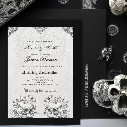 Small Till Death Do Us Part Gothic Wedding Black & White Invitation Front View