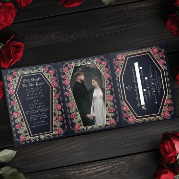 till death do us part rose blue gothic wedding tri-fold invitation